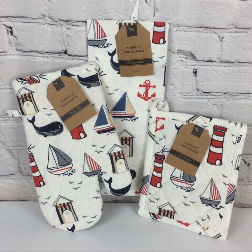 ⚓️Nautical Coastal Life 3 Pc. Kitchen Set~1 Dish Towel~1 Pot Holders~1 Oven Mitt